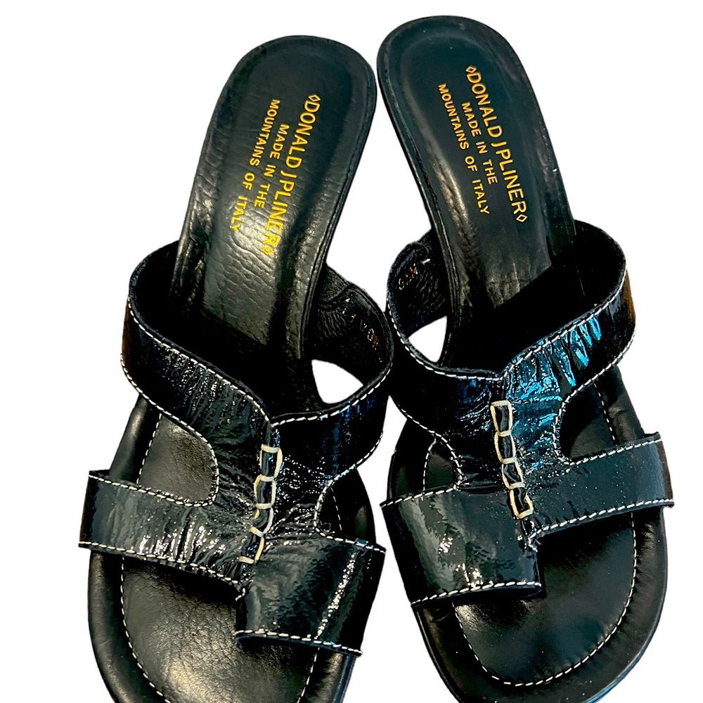 Black patent leather sandles with lower heel for comfort